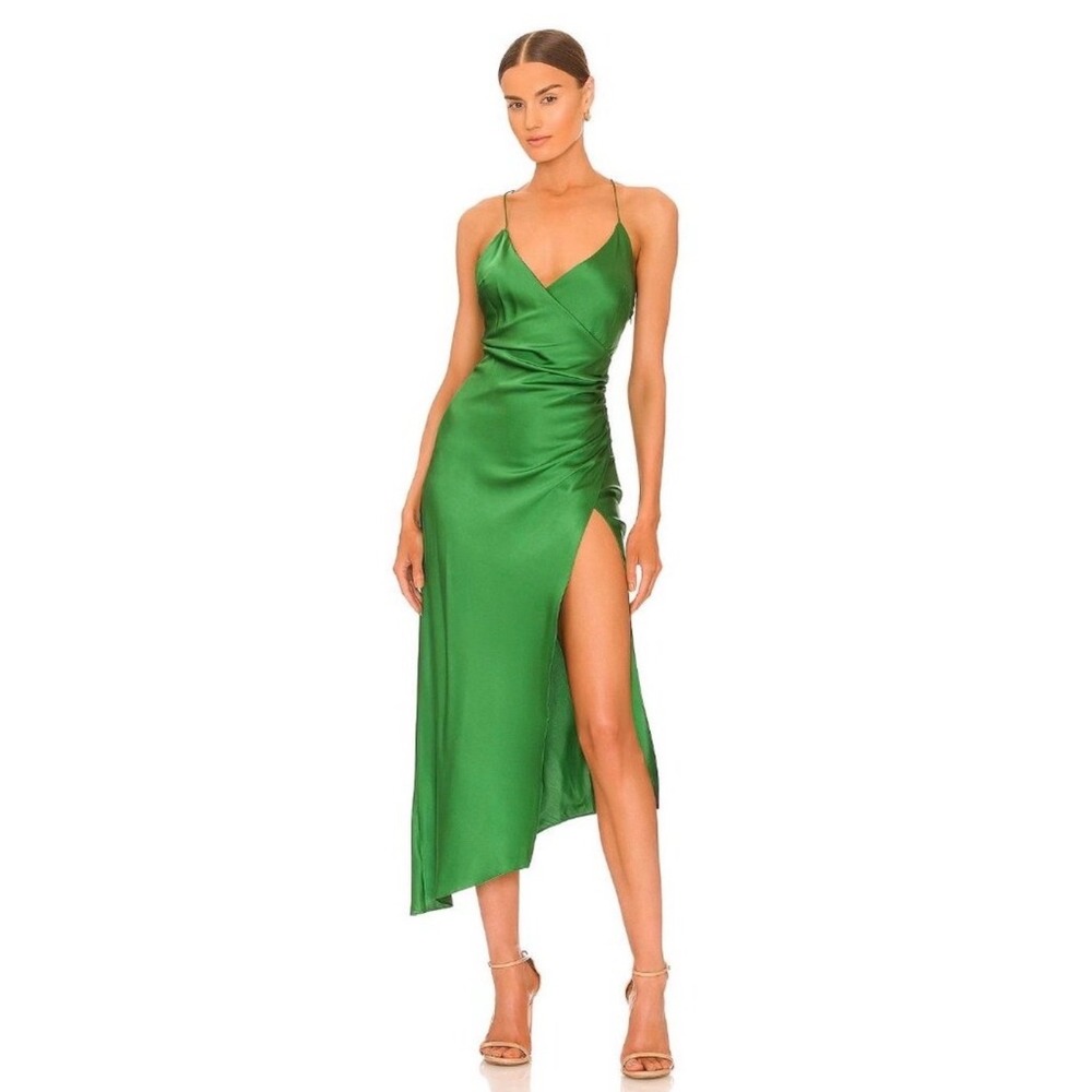 NWT SER.O.YA Emma Silk Satin Slip Dress Green Surplice Midi Size Small $395